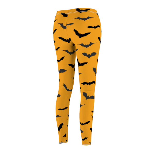 Orange Black Bats Print Women's Halloween Costume Casual Leggings-Made in USA-Casual Leggings-Heidi Kimura Art LLC