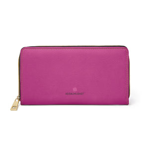 Pink Color Zipper Wallet, Solid Hot Pink Color Best 7.87" x 4.33" Luxury Cruelty-Free Faux Leather Women's Wallet & Purses Compact High Quality Nylon Zip & Metal Hardware, Luxury Long Wallet With Cardholders For Women