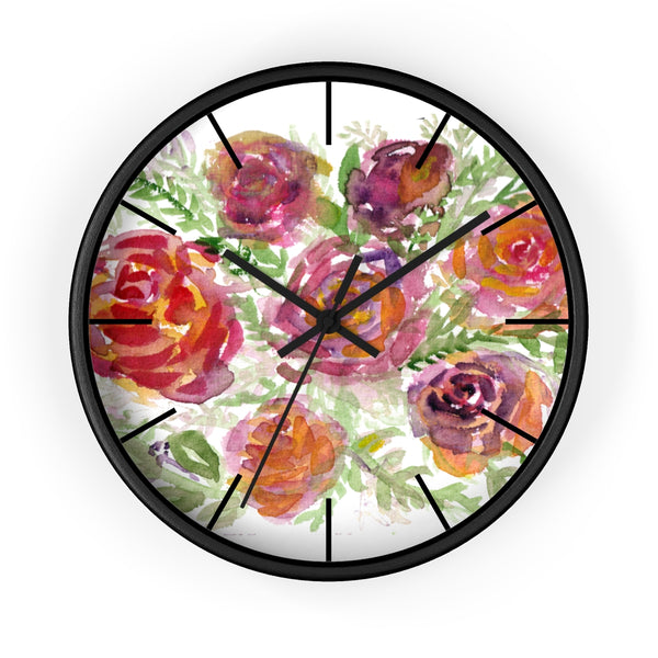 Orange Red Floral Print French Rose 10" Diameter Modern Wall Clock - Made in USA-Wall Clock-Black-Black-Heidi Kimura Art LLC
