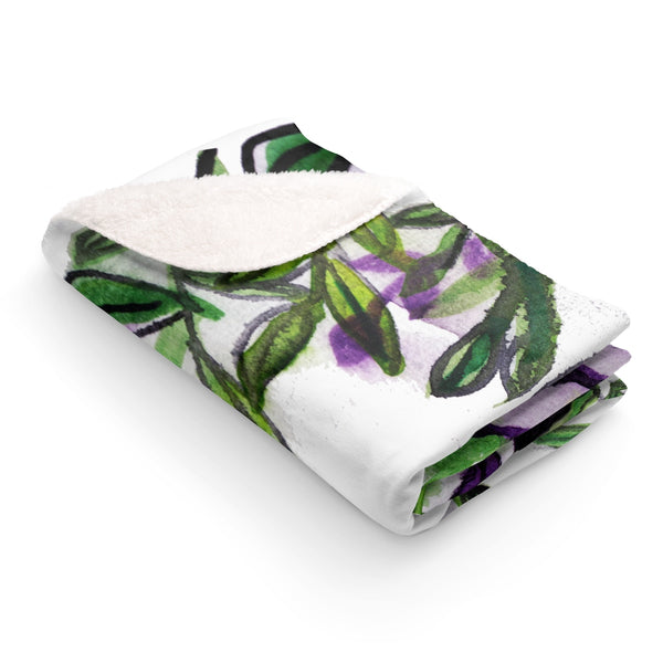 Green Purple Tropical Green Leaves Print 50"x60" Large Sherpa Fleece Blanket-Made in USA-Blanket-50x60-Heidi Kimura Art LLC