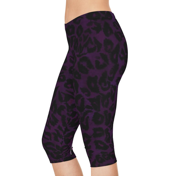 Purple Leopard Women's Capri Leggings, Knee-Length Polyester Capris Tights-Made in USA (US Size: XS-2XL)