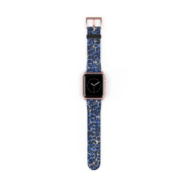 Blue Leopard Animal Print 38mm/42mm Watch Band For Apple Watch- Made in USA-Watch Band-Heidi Kimura Art LLC