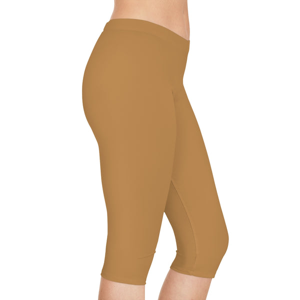 Beige Brown Women's Capri Leggings, Modern Essential Solid Color American-Made Best Designer Premium Quality Knee-Length Mid-Waist Fit Knee-Length Polyester Capris Tights-Made in USA (US Size: XS-3XL) Plus Size Available