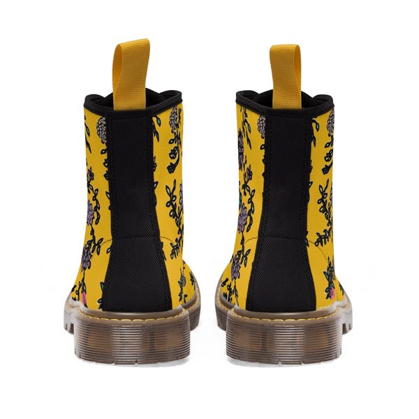 Yellow Floral Print Women's Boots, Purple Floral Women's Boots, Flower Print Elegant Feminine Casual Fashion Gifts, Flower Rose Print Shoes For Flower Lovers, Combat Boots, Designer Women's Winter Lace-up Toe Cap Hiking Boots Shoes For Women (US Size 6.5-11) Black Floral Boots, Floral Boots Womens, Vintage Style Floral Boots 
