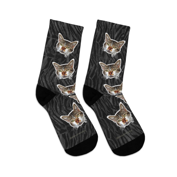 Gray Tiger Stripe Cat Print Meggings, Calico Cat Print One-Size Knit Socks- Made in USA-Socks-One size-Heidi Kimura Art LLC