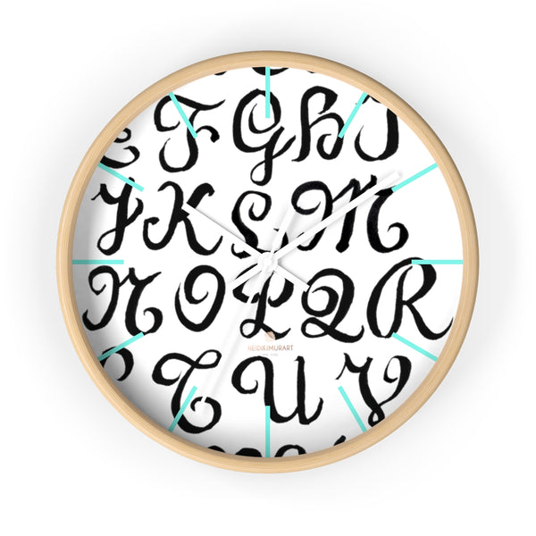 Alphabet Print 10" dia. Wall Clock, Large Calligraphy Wall Clock For Library -Made in USA-Wall Clock-10 in-Wooden-White-Heidi Kimura Art LLC
