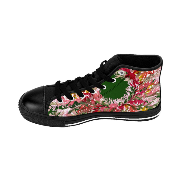 Forest Green Red Fall Floral Print Designer Men's High-top Sneakers Tennis Shoes-Men's High Top Sneakers-Heidi Kimura Art LLC