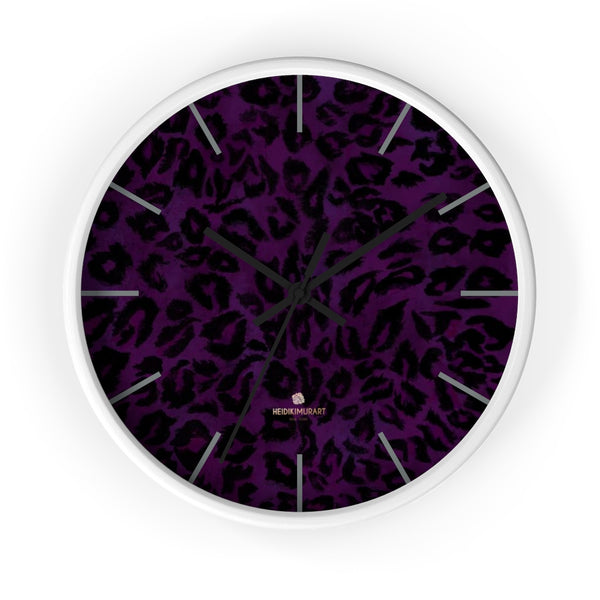 Purple Leopard Animal Print Large Unique Indoor Designer 10" Dia. Wall Clocks- Made in USA-Wall Clock-10 in-White-Black-Heidi Kimura Art LLC
