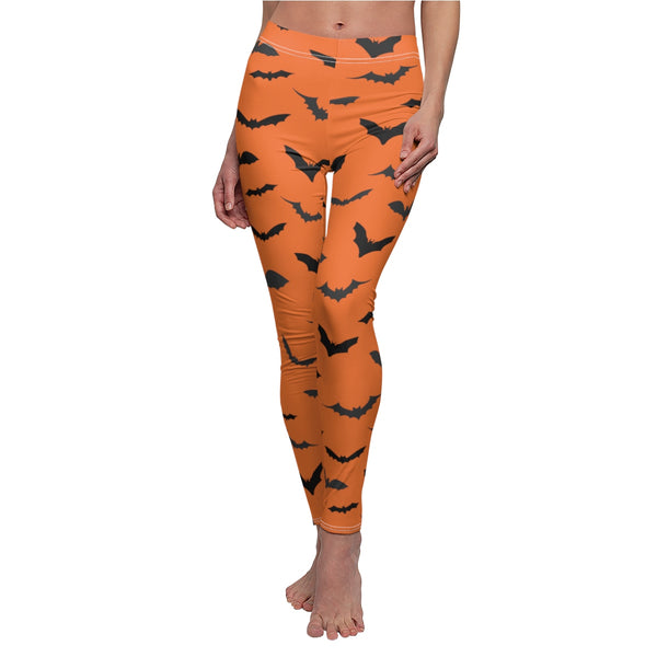 Red Orange Black Bats Women's Halloween Costume Casual Leggings- Made in USA-Casual Leggings-White Seams-M-Heidi Kimura Art LLC