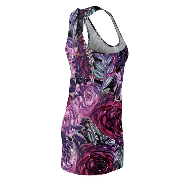 Purple Floral Women's Tank Dress, Black Racerback Crewneck Long Dress - Made in USA-Women's Sleeveless Dress-Heidi Kimura Art LLC