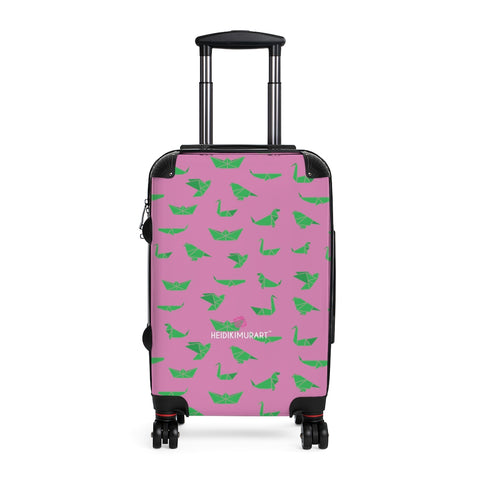Pink Green Crane Cabin Suitcase, Japanese Style Designer Carry On Polycarbonate Front and Hard-Shell Durable Small 1-Size Carry-on Luggage With 2 Inner Pockets & Built in Lock With 4 Wheel 360° Swivel and Adjustable Telescopic Handle - Made in USA/UK (Size: 13.3" x 22.4" x 9.05", Weight: 7.5 lb) Unique Cute Carry-On Best Personal Travel Bag Custom Luggage - Gift For Him or Her 