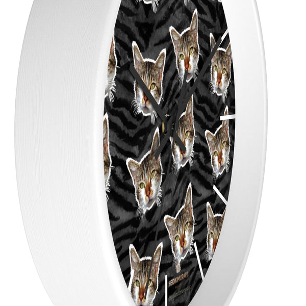 Black Tiger Stripe Cat Print Clock, Large 10" Dia. Indoor Calico Cat Wall Clocks- Made in USA-Wall Clock-Heidi Kimura Art LLC