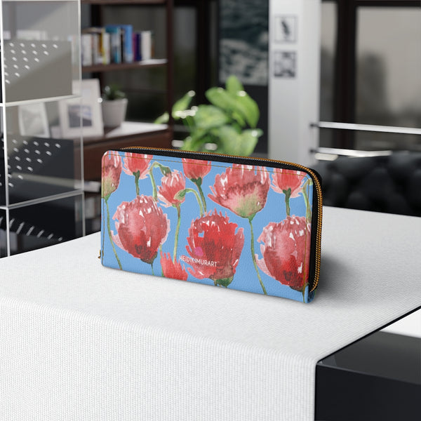 Blue Red Tulips Zipper Wallet, Colorful Red Tulips Flower Print Best Long Compact Cruelty Free Faux Leather High Quality Cardholders Wallet For Women, One Size 7.9"x4.3"x.98"