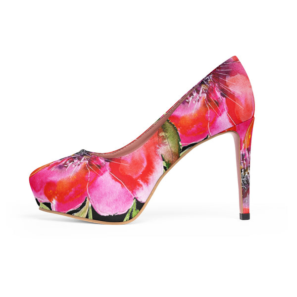Red Hibiscus Floral Girlie Designer Women's 4" Platform Heels Women's Shoes (US Size 5-11)-4 inch Heels-Heidi Kimura Art LLC