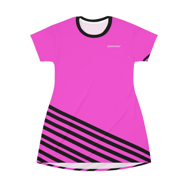 Pink Black Striped T-Shirt Dress, Diagonally Striped Pink Black Print Best Designer Crew Neck Women's Long Tee T-shirt Dress-Made in USA (US Size: XS-2XL)