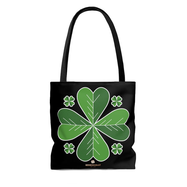 Green Clover Print Tote Bag, Black Irish Leaf St. Patrick's Day Print Tote Bag- Made in USA-Tote Bag-Heidi Kimura Art LLC