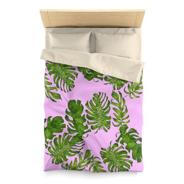 Pink Green Tropical Leaf Print Designer Microfiber Duvet Cover-Made in USA(Twin/ Queen)-Duvet Cover-Twin-Cream-Heidi Kimura Art LLC
