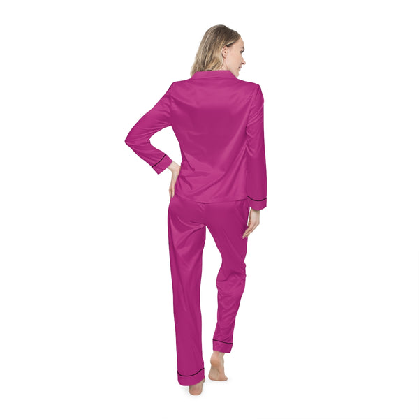 Hot Pink Women's Satin Pajamas, Luxury Premium Solid Color Loungewear For Women