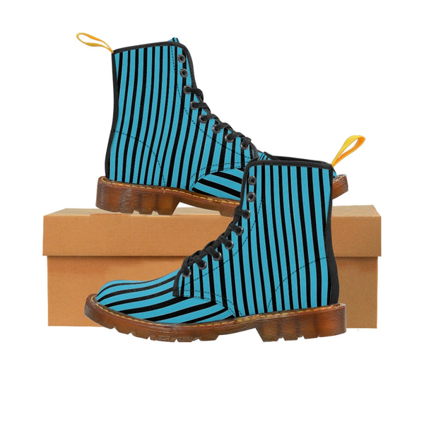 Blue Striped Print Men's Boots, Black Stripes Best Hiking Winter Boots Laced Up Designer Shoes For Men-Shoes-Printify-Brown-US 8-Heidi Kimura Art LLC