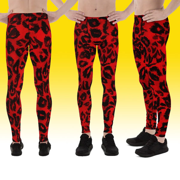 Red Hot Leopard Animal Print 38-40 UPF Fitted Elastic Men's Wild Colorful Sensual Rave Party Costume Leggings Sexy Workout Compression Tights/ Men's Tight Pants- Made in USA/EU (US Size: XS-3XL)