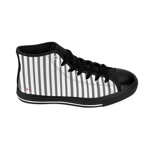 Grey Striped Men's High-top Sneakers, Grey White Modern Stripes Men's High Tops, High Top Striped Sneakers, Striped Casual Men's High Top For Sale, Fashionable Designer Men's Fashion High Top Sneakers, Tennis Running Shoes (US Size: 6-14)