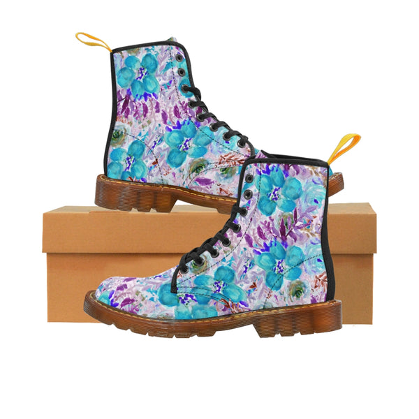 Blue Floral Men's Canvas Boots, Flower Print Luxury Men's Winter Hiking Canvas Boots, Fashionable Floral Print Anti Heat + Moisture Designer Comfortable Stylish Men's Winter Hiking Boots Shoes For Men (US Size: 7-10.5)