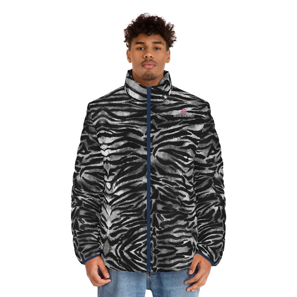 Grey Tiger Striped Men's Jacket, Best Animal Print Winter Regular Fit Polyester Men's Puffer Jacket With Stand Up Collar (US Size: S-2XL)