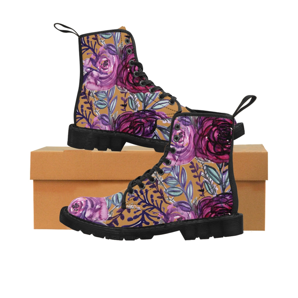 Brown Purple Floral Women's Boots, Flower Print Vintage Style Elegant Feminine Casual Fashion Gifts, Flower Rose Print Shoes For Rose Lovers, Combat Boots, Designer Women's Winter Lace-up Toe Cap Hiking Boots Shoes For Women (US Size 6.5-11)