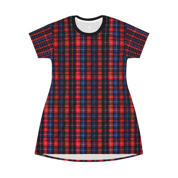 Red Blue Plaid Tartan Print Designer Crew Neck Long T-shirt Dress-Made in USA-T-Shirt Dress-Heidi Kimura Art LLC