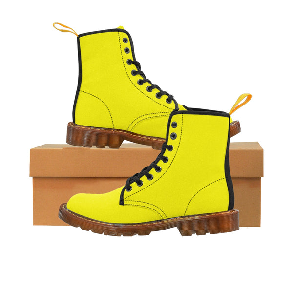 Bright Lemon Yellow Solid Color Print Men's Canvas Winter Laced Up Boots Shoes-Men's Boots-Brown-US 8-Heidi Kimura Art LLC