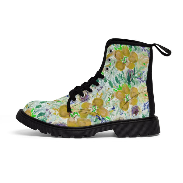 Yellow Floral Print Men's Boots, Best Hiking Winter Boots Laced Up Shoes For Men-Shoes-Printify-Black-US 8-Heidi Kimura Art LLC