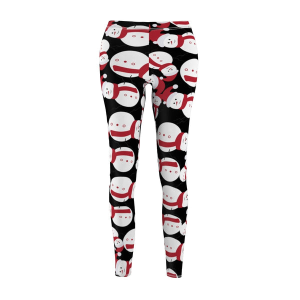 Black Red Fluffy Happy Cute Snowman Women's Christmas Premium Casual Leggings-Casual Leggings-Heidi Kimura Art LLC