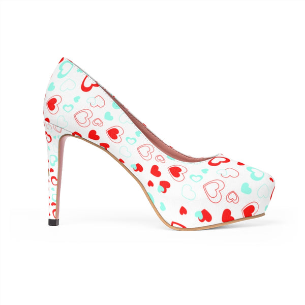 White Red Heart Shaped Print Designer Valentine's Day Women's Platform Heels Shoes-4 inch Heels-Heidi Kimura Art LLC