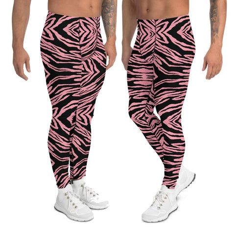 Pink Striped Men's Leggings, Bright Zebra Wild Animal Print Sexy Meggings Men's Workout Gym Tights Leggings, Men's Compression Tights Pants - Made in USA/ EU (US Size: XS-3XL)