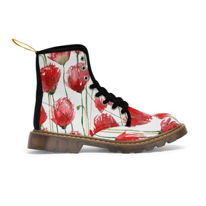 Red Poppy Floral Women's Boots, Poppy Flower White Best Cute Chic Best Flower Printed Elegant Feminine Casual Fashion Gifts, Combat Boots, Designer Women's Winter Lace-up Toe Cap Hiking Boots Shoes For Women (US Size 6.5-11)