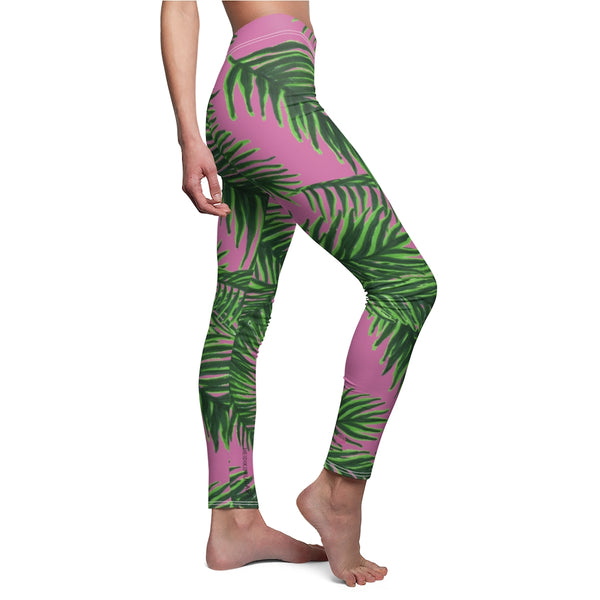 Pink Tropical Leaves Casual Tights, Best Jungle Leaves Women's Casual Leggings, Green Jungle Palm Tree Women's Long Leggings, Women's Fashion Best Designer Premium Quality Skinny Fit Premium Quality Casual Leggings - Made in USA (US Size: XS-2XL)   This is a classic light pink 
