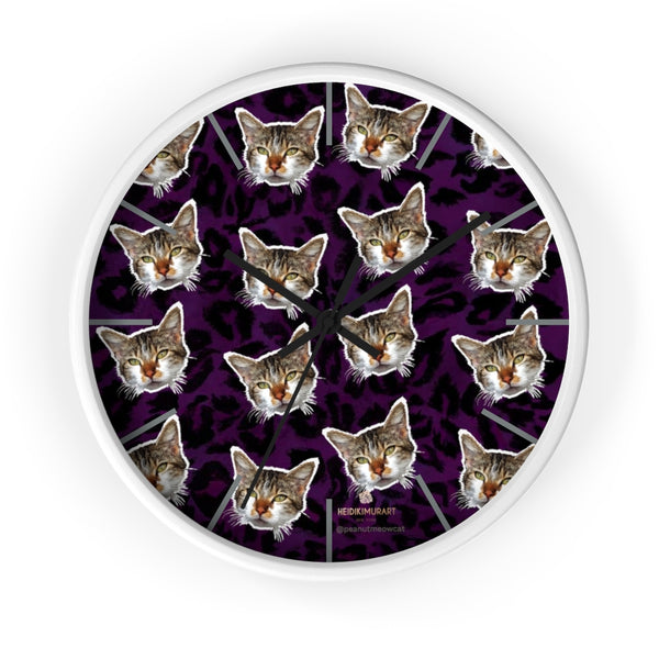 Purple Cat Print Wall Clock, Leopard Print Calico Cat Large Indoor Clocks- Made in USA-Wall Clock-10 in-White-Black-Heidi Kimura Art LLC
