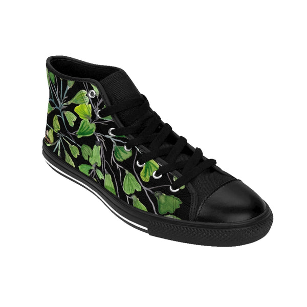 Black Green Maidenhair Men's Tennis Shoes, Tropical Print Designer Best High-top Sneakers For Men-Shoes-Printify-Heidi Kimura Art LLC