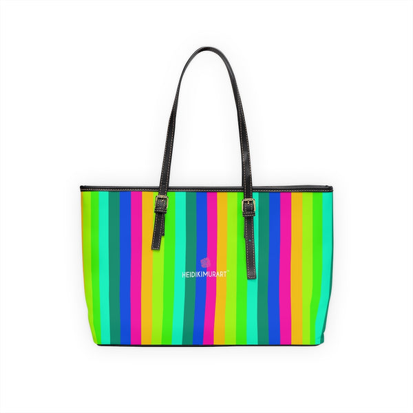 Best Rainbow Stripes Best Tote Bag, Gay Pride Colorful Rainbow Striped PU Leather Shoulder Large Spacious Durable Hand Work Bag 17"x11"/ 16"x10" With Gold-Color Zippers & Buckles & Mobile Phone Slots & Inner Pockets, All Day Large Tote Luxury Best Sleek and Sophisticated Cute Work Shoulder Bag For Women With Outside And Inner Zippers