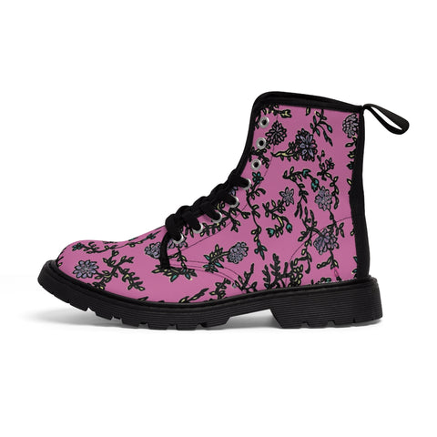 Pink Floral Print Women's Boots, Purple Floral Women's Boots, Flower Print Elegant Feminine Casual Fashion Gifts, Flower Rose Print Shoes For Flower Lovers, Combat Boots, Designer Women's Winter Lace-up Toe Cap Hiking Boots Shoes For Women (US Size 6.5-11) Black Floral Boots, Floral Boots Womens, Vintage Style Floral Boots 