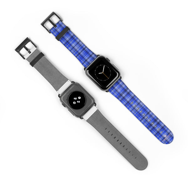 Blue Plaid Tartan Scottish Print 38mm/42mm Watch Band For Apple Watch- Made in USA-Watch Band-Heidi Kimura Art LLC