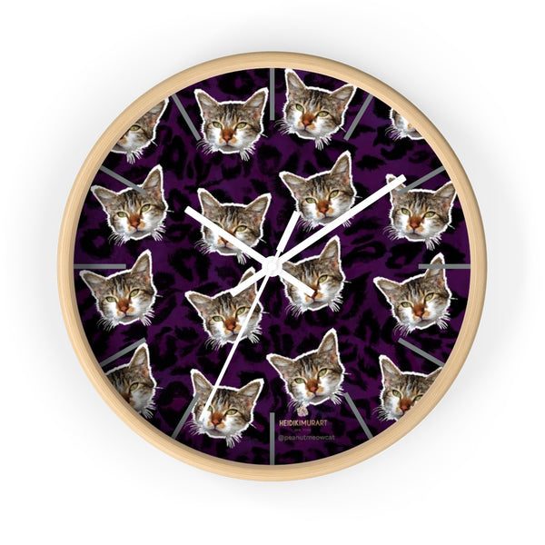 Purple Cat Print Wall Clock, Leopard Print Calico Cat Large Indoor Clocks- Made in USA-Wall Clock-10 in-Wooden-White-Heidi Kimura Art LLC