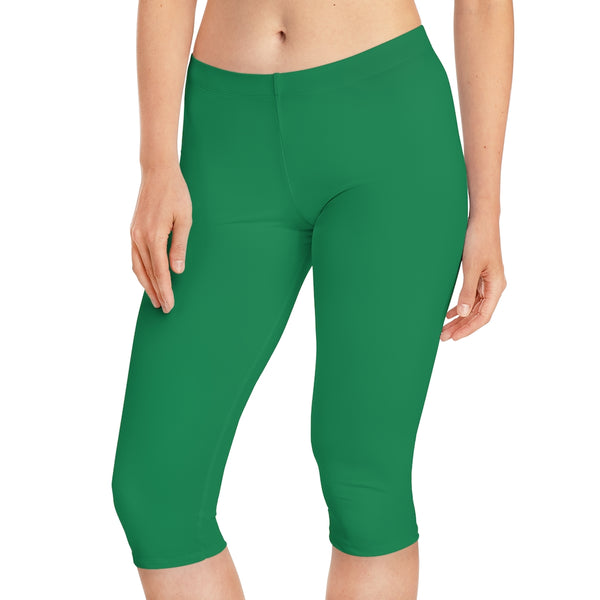 Dark Green Women's Capri Leggings, Modern Essential Solid Color American-Made Best Designer Premium Quality Knee-Length Mid-Waist Fit Knee-Length Polyester Capris Tights-Made in USA (US Size: XS-3XL) Plus Size Available