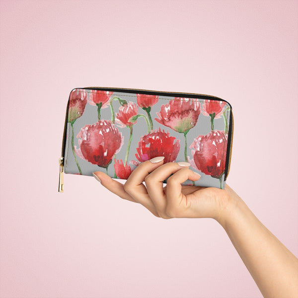 Grey Red Tulips Zipper Wallet, Colorful Red Tulips Flower Print Best Long Compact Cruelty Free Faux Leather High Quality Cardholders Wallet For Women, One Size 7.9"x4.3"x.98"