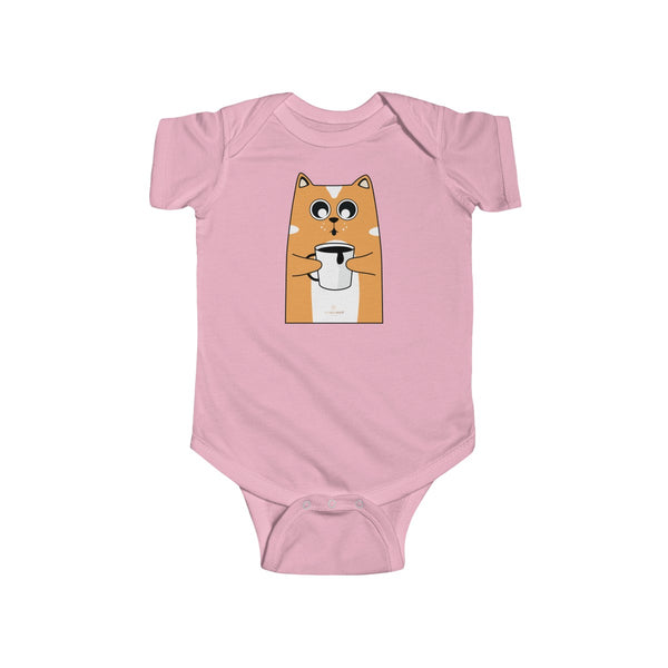 Orange Cat Loves Coffee Infant Fine Jersey Regular Fit Unisex Bodysuit - Made in UK-Infant Short Sleeve Bodysuit-Pink-NB-Heidi Kimura Art LLC