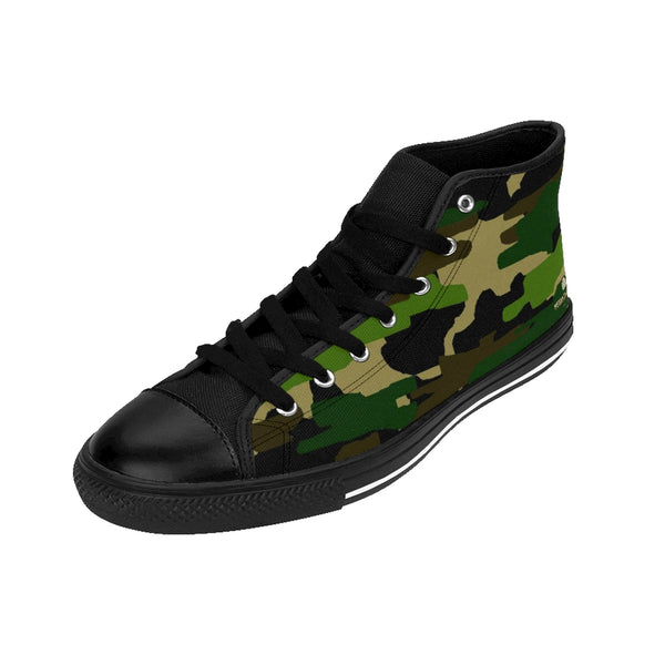 Green Camo Print Men's Sneakers, Green Brown Camouflage Army Military Print Designer Men's Shoes, Men's High Top Sneakers US Size 6-14, Mens High Top Casual Shoes, Unique Fashion Tennis Shoes, Camo Print Printed Sneakers Shoes (US Size: 6-14)