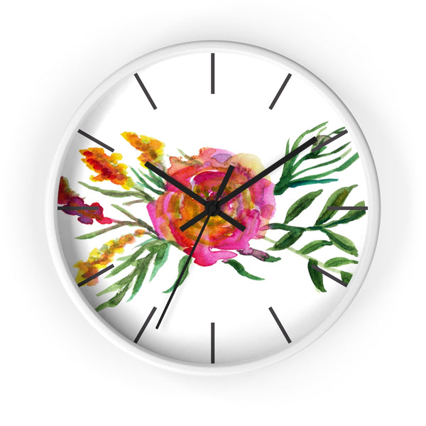 Pink Rose Watercolor Floral Print 10 inch Diameter Flower Wall Clock - Made in USA-Wall Clock-White-Black-Heidi Kimura Art LLC