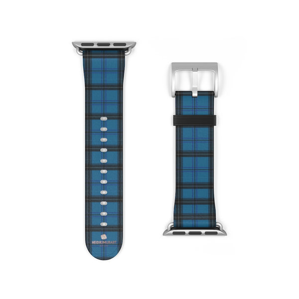 Blue Black Plaid Tartan Print Premium 38mm/42mm Designer Watch Band- Made in USA-Watch Band-38 mm-Silver Matte-Heidi Kimura Art LLC