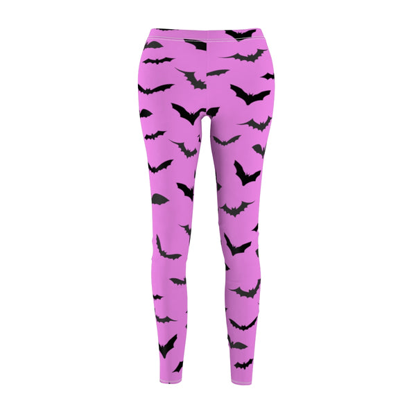 Pink Black Bats Print Women's Halloween Costume Cosplay Casual Leggings- Made in USA-Casual Leggings-Heidi Kimura Art LLC