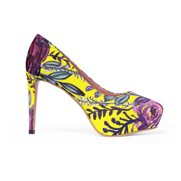Yellow Purple French Vintage-Style Rose Floral Print Women's 4" Platform Heels-4 inch Heels-Heidi Kimura Art LLC